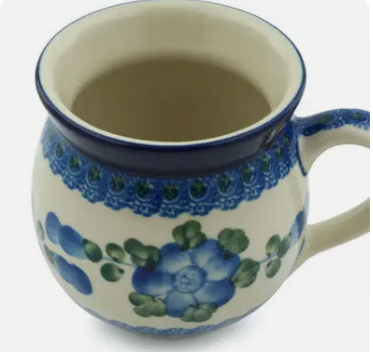 POLISH POTTERY BOLESLAWIEC Bubble Mug 12 oz Blue Poppies Theme