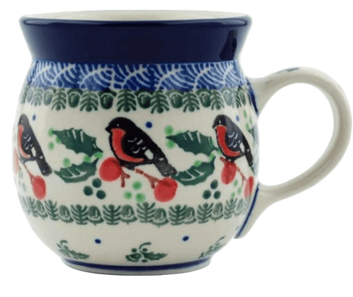 Ceramic mug with bird and berry design on a white background