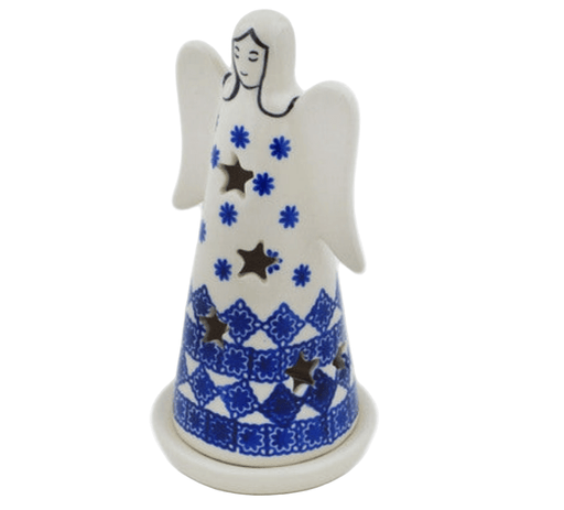 Ceramic angel figurine with blue and white pattern on a white background