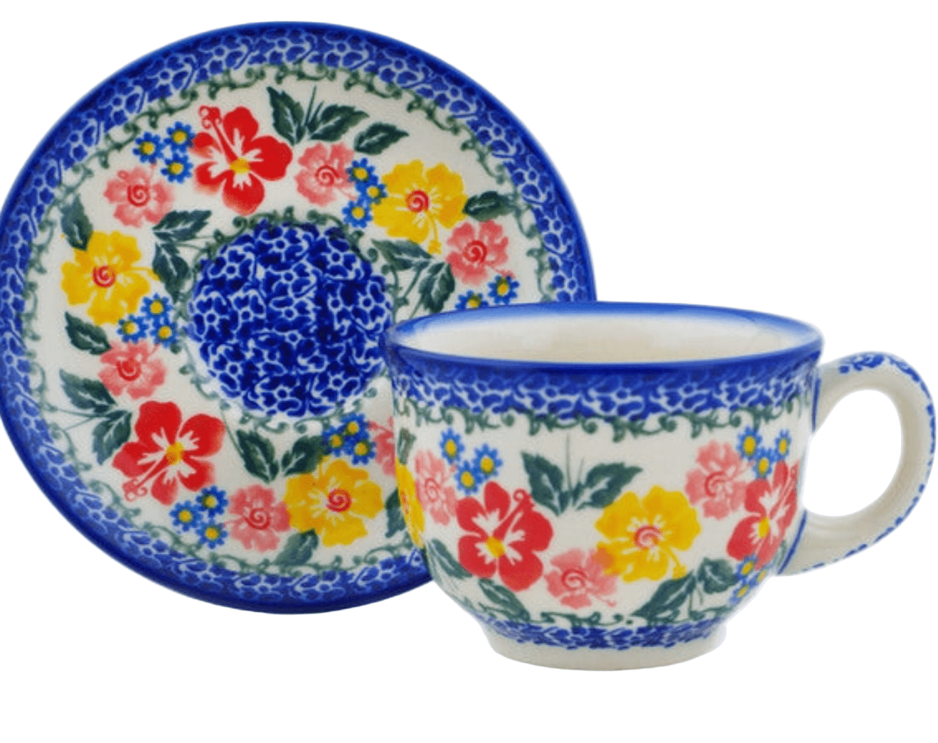 Ceramic mug and plate with floral design on a white background