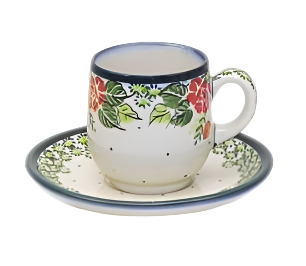 POLISH POTTERY, BOLESLAWIEC, FILIZANKA MALA,SMALL CUP+SAUCER,ROSES