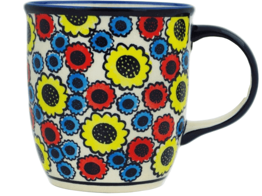 Colorful floral-patterned mug with a black handle on a white background