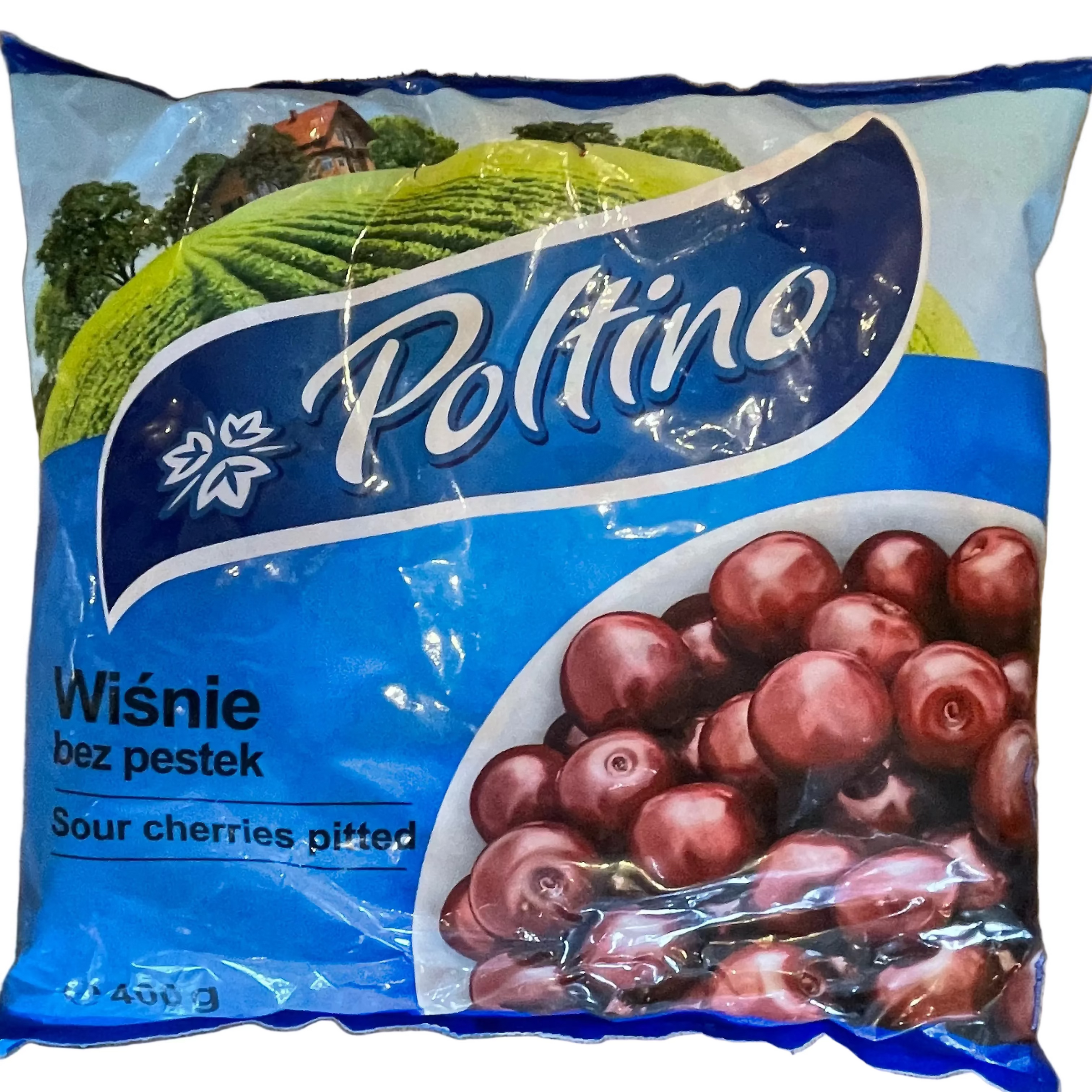 Packaged sour cherries with Dolfino branding on a wooden surface