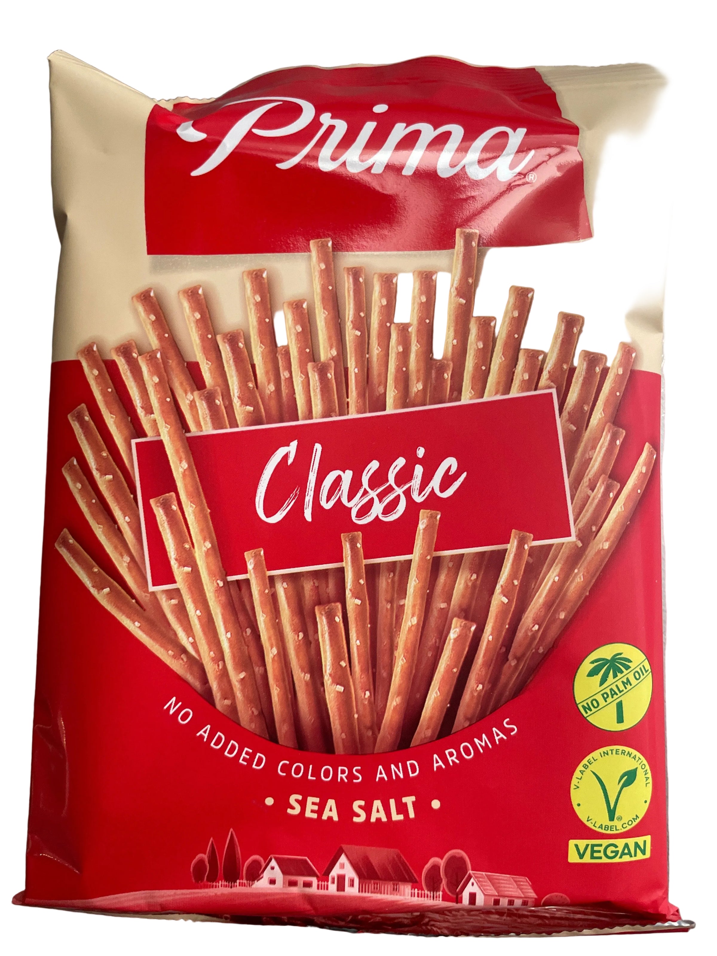 Red and beige package of Prima Classic sea salt sticks on a metallic surface