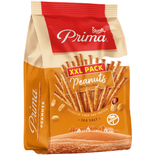 Prima peanuts packaging with red and beige design on a white background