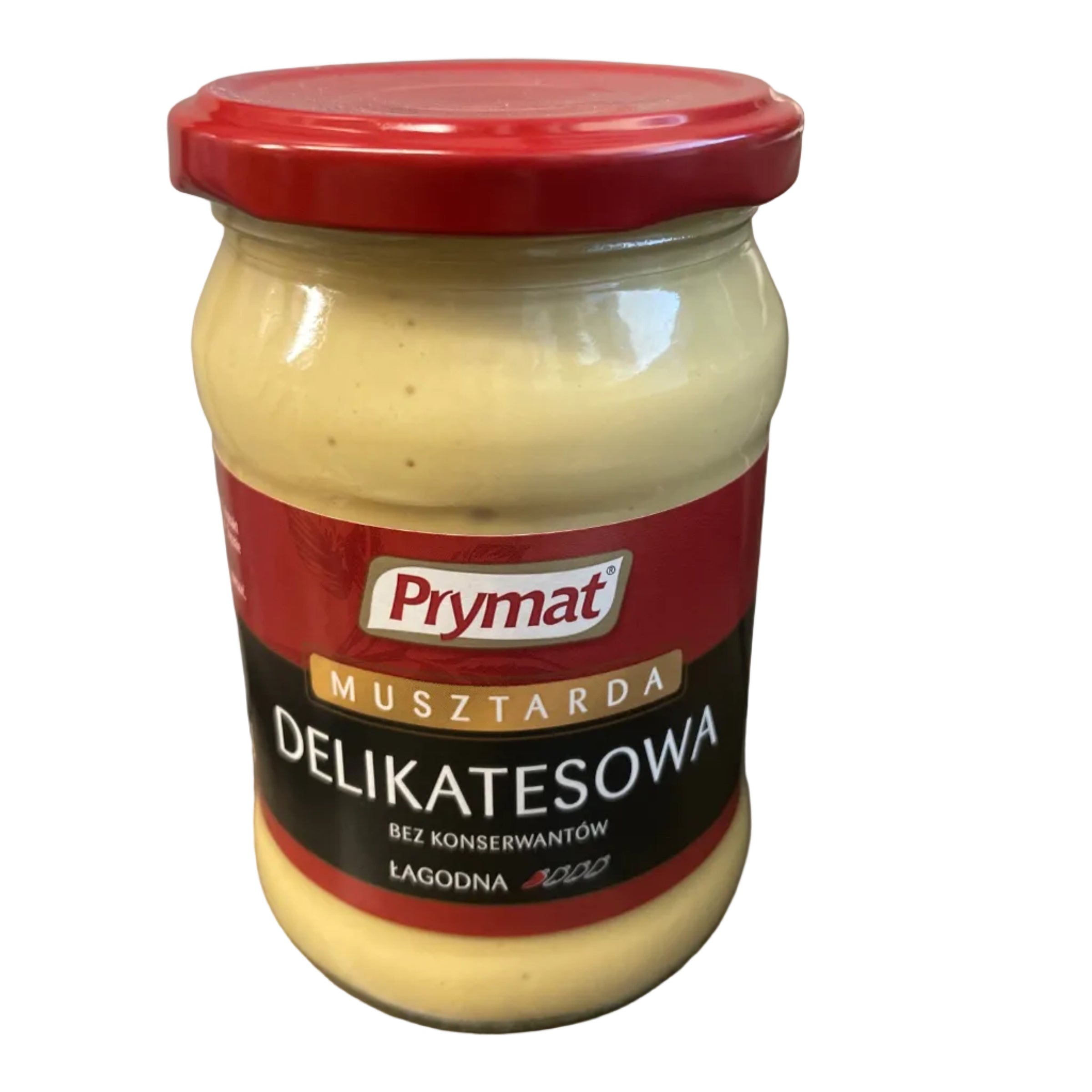 Jar of mustard with a red lid on a wooden surface