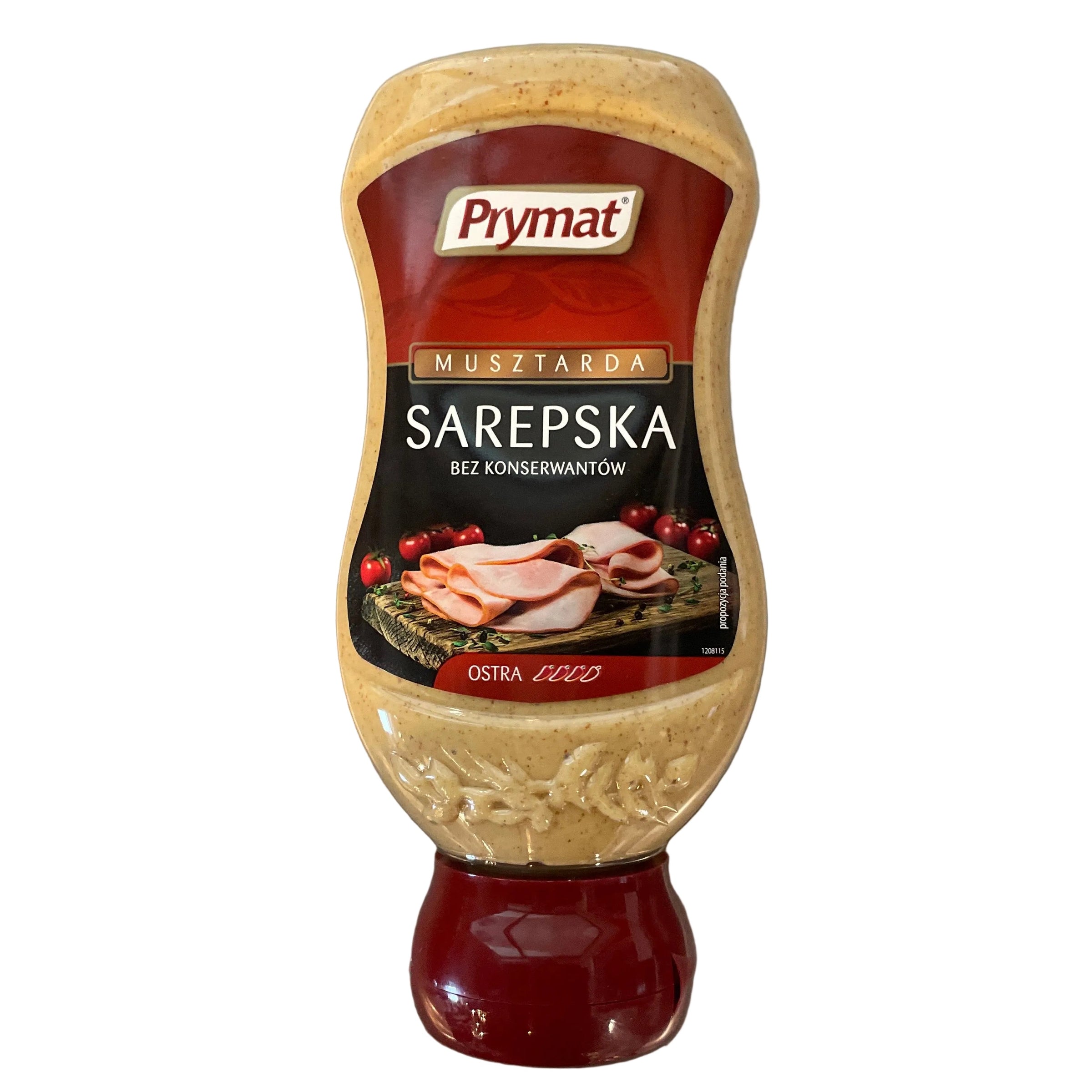 Squeeze bottle of Prymat Sarepska mustard on a white background
