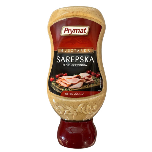 Squeeze bottle of Prymat Sarepska mustard on a white background