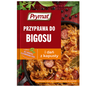 Prymat seasoning mix for bigos and dishes with cabbage on a red background