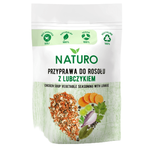 NATURO seasoning package for chicken soup with vegetables on a white background