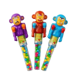 Three colorful monkey-shaped pens with candy on a white background