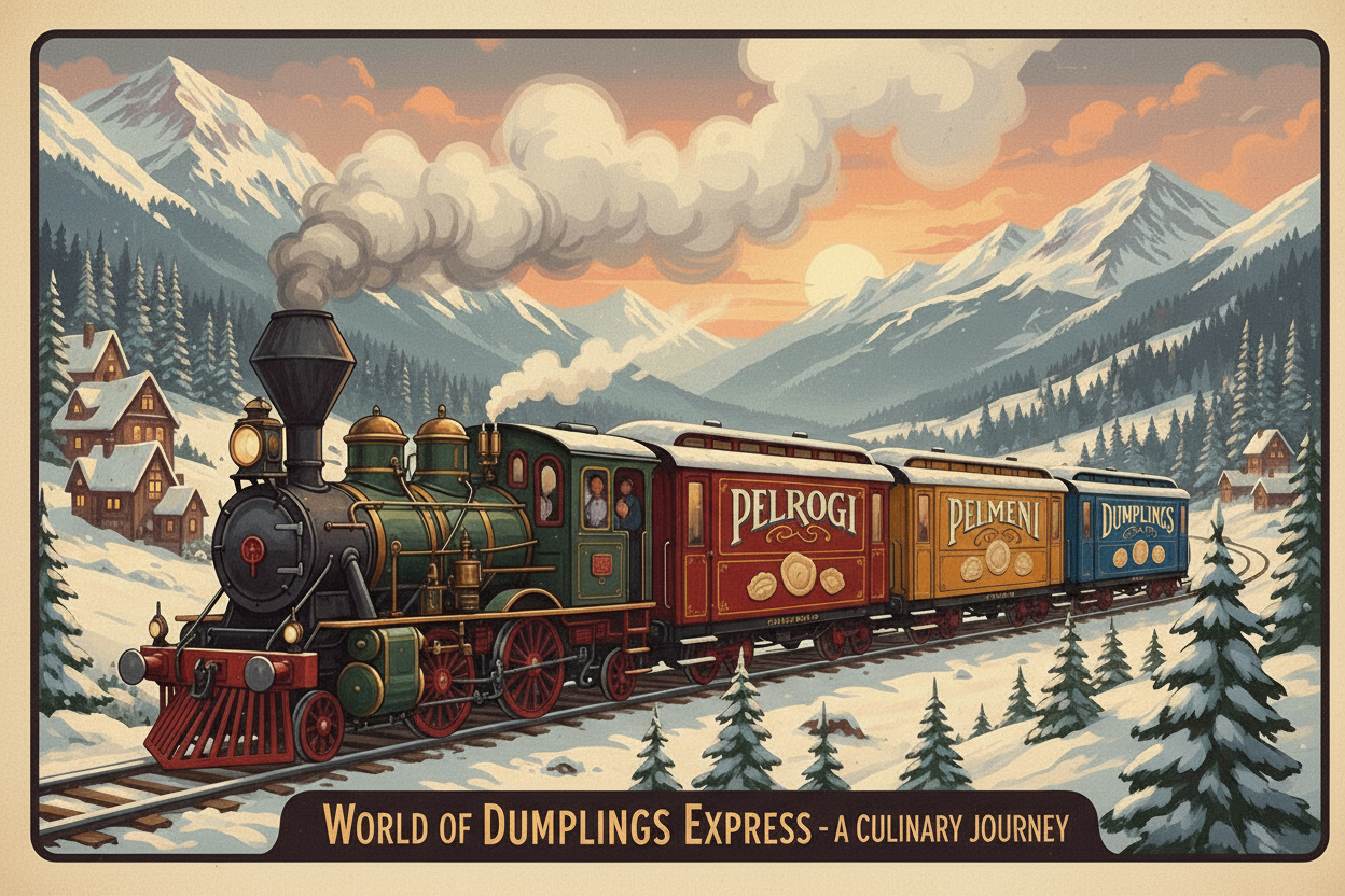 Poster with Train pulling three carts with sign Pierogi Pelmeni Dumpling