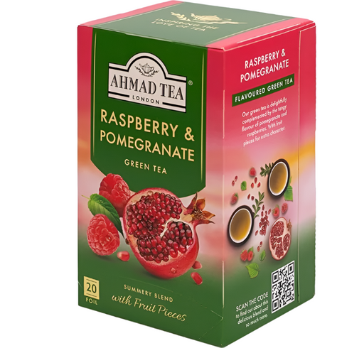 Packaging of Ahmad Tea Raspberry & Pomegranate Green Tea with images of raspberries and pomegranate on the front, indicating the flavor of the tea.