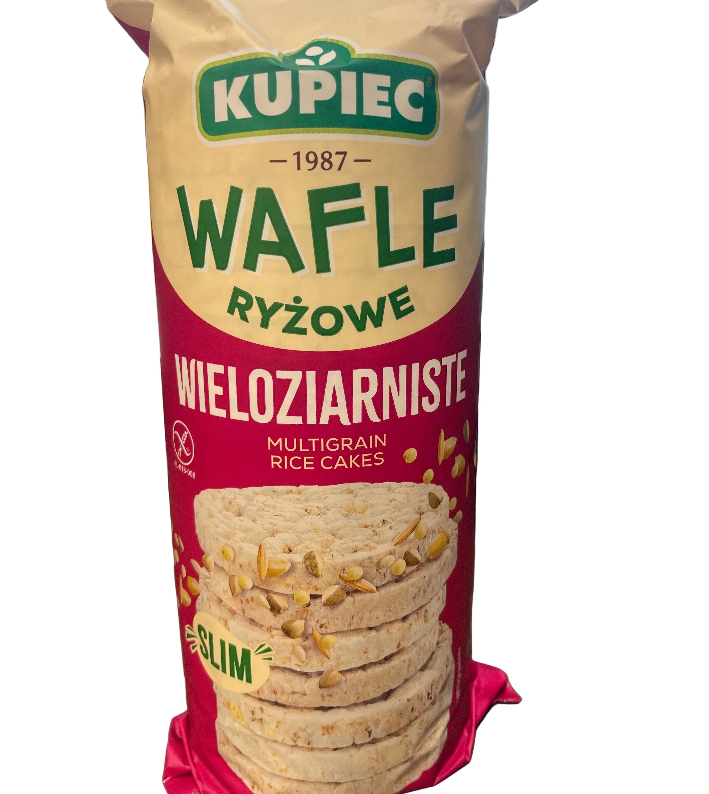 Packaged rice cakes with visible branding on a blurred background