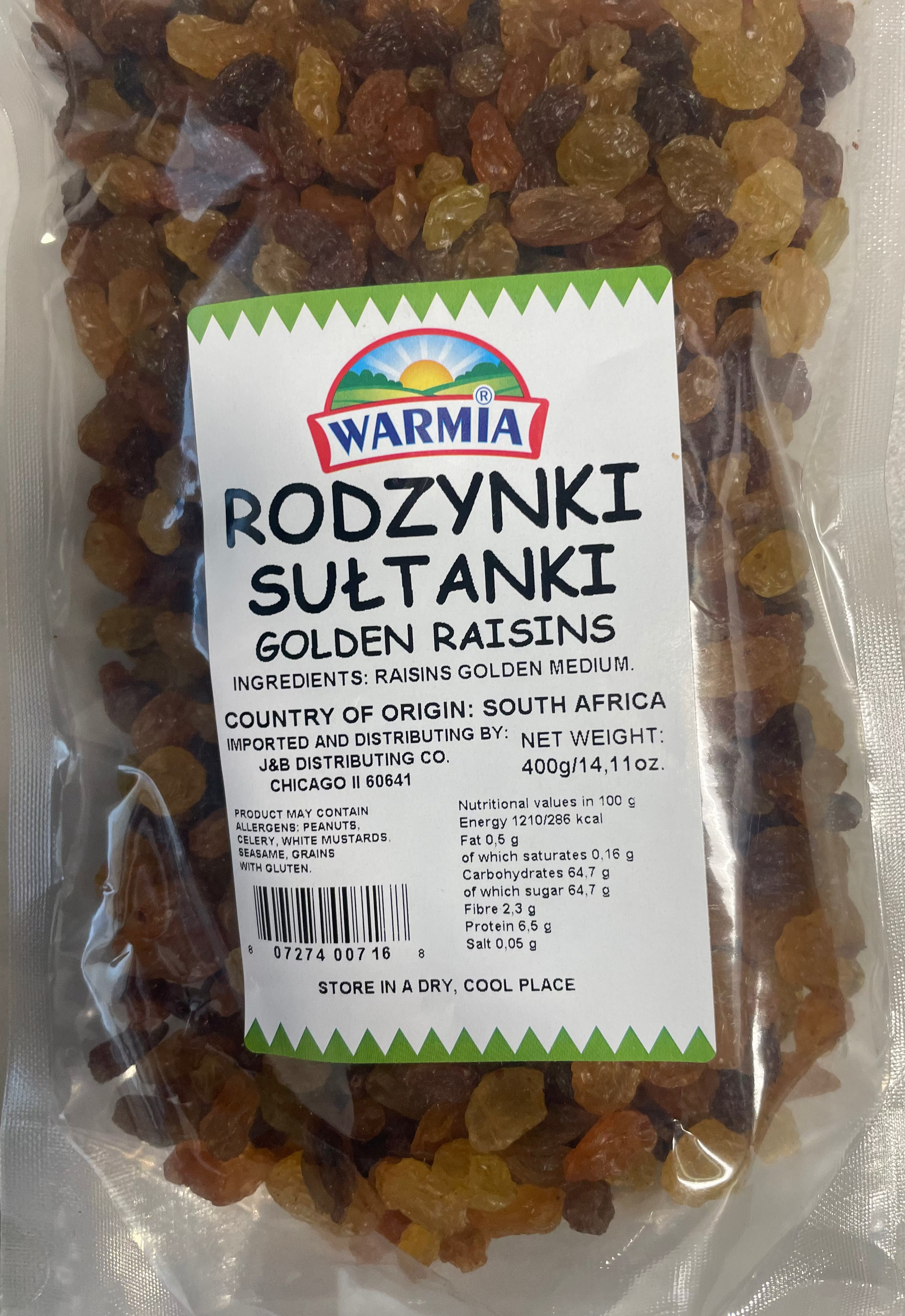 Bag of Golden Raisins with Warmia brand label on a white background