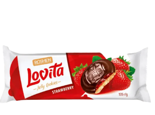 Lovita strawberry jelly cookies package on a white background