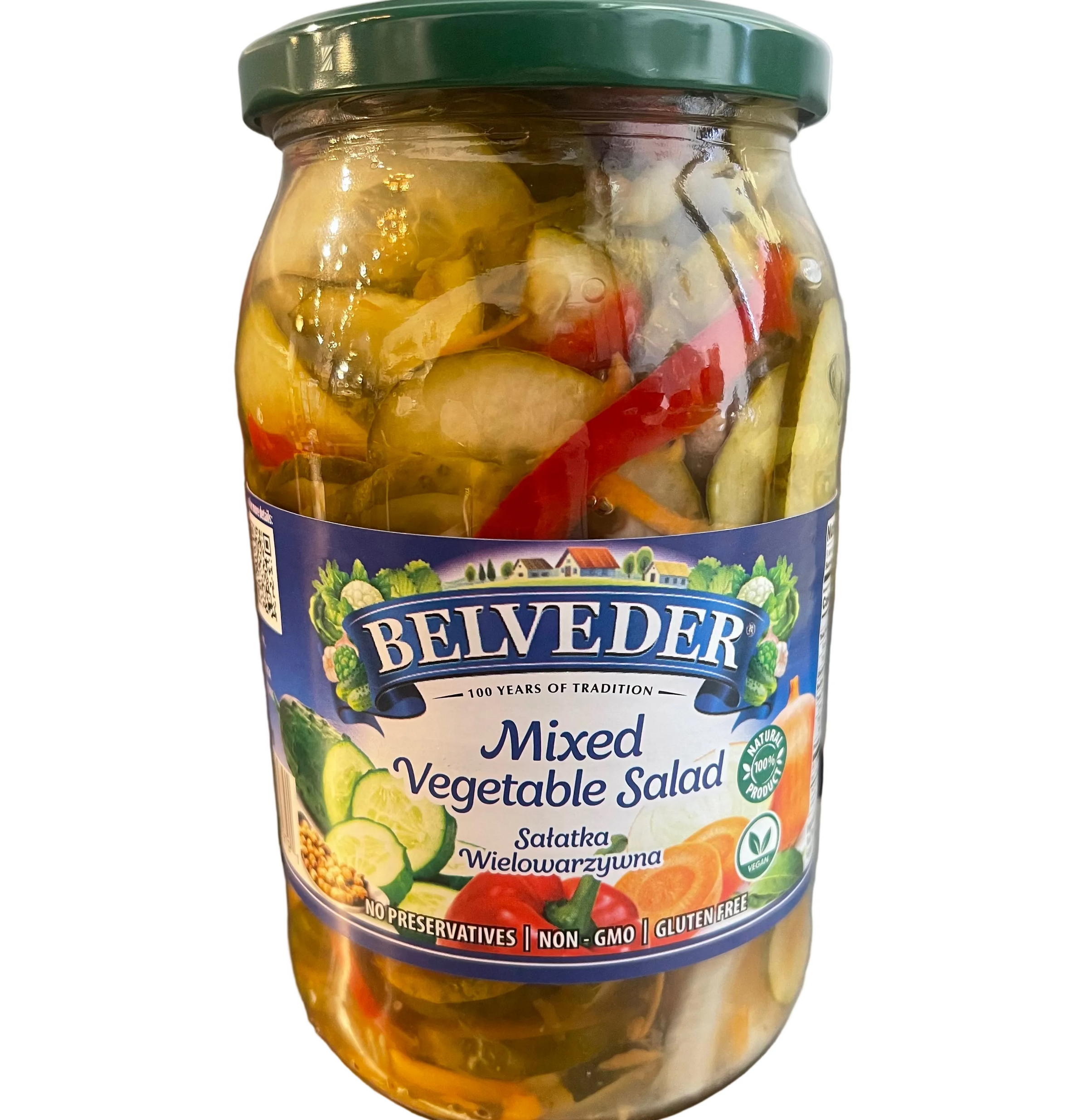 Jar of Belveder Mixed Vegetable Salad on a metallic surface