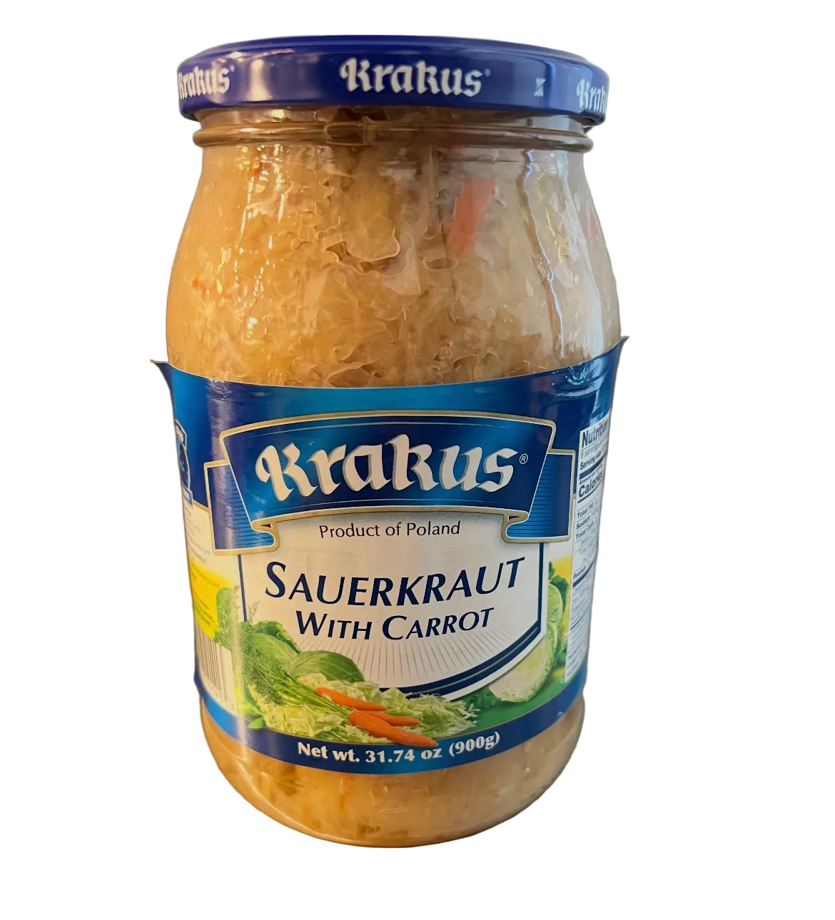 Jar of Krakus Sauerkraut with Carrot on a reflective surface