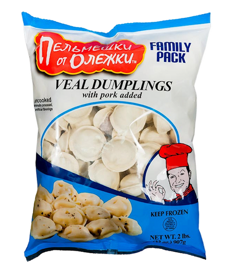 Package of veal dumplings with a cartoon chef on the label