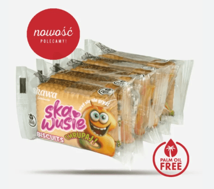 Packaging of Ska Wusie biscuits with cartoon character on a white background