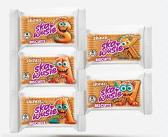 Five packages of Skawa Ska Wusie biscuits with colorful packaging on a white background