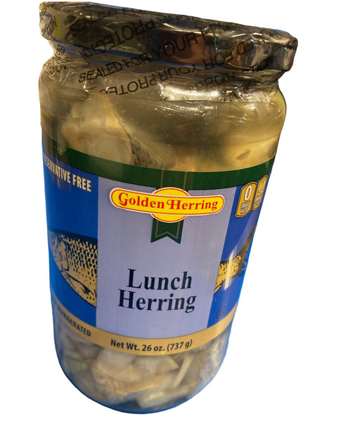 Jar of Golden Herring Lunch Herring on a blue surface