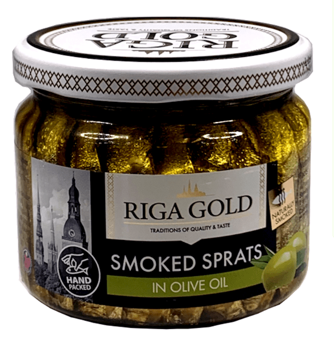 Jar of Riga Gold smoked sprats in olive oil on a white background