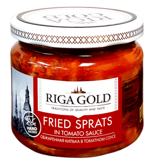 Jar of Riga Gold fried sprats in tomato sauce on a white background