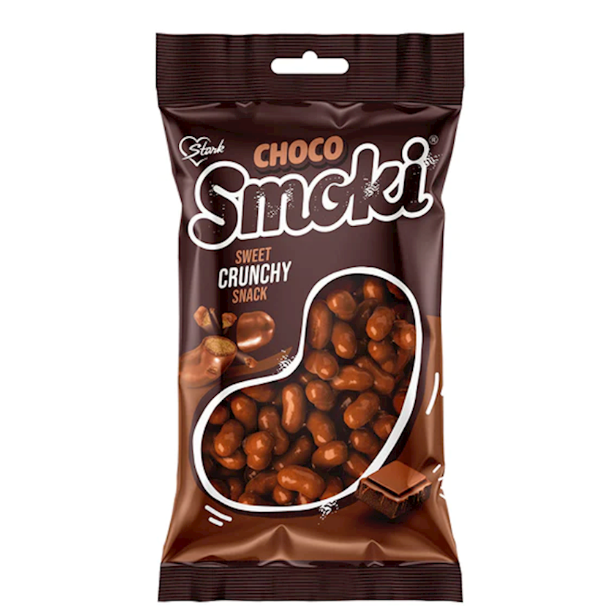 A bag of Hank Choco Smcki Sweet Crunchy Snack chocolate-covered peanuts in a dark brown packaging with a clear window showing the peanuts inside.