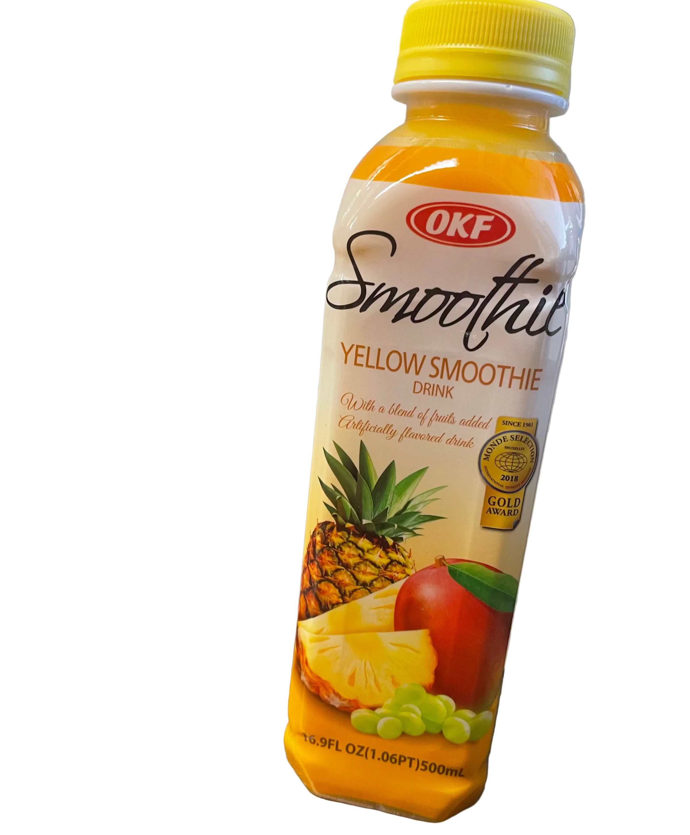 OKF Smoothie Yellow Smoothie Drink bottle on a gray surface