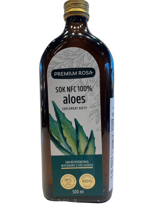 A bottle of SOK Aloes, an aloe vera juice product, with a label indicating it is a premium aloe, 500ml.