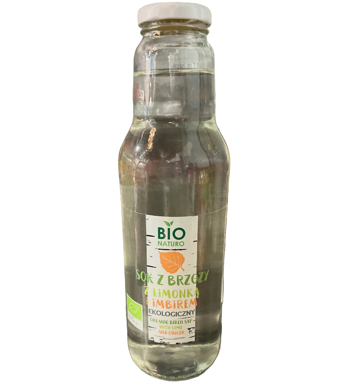 Clear glass bottle with a white cap containing a natural product on a white background
