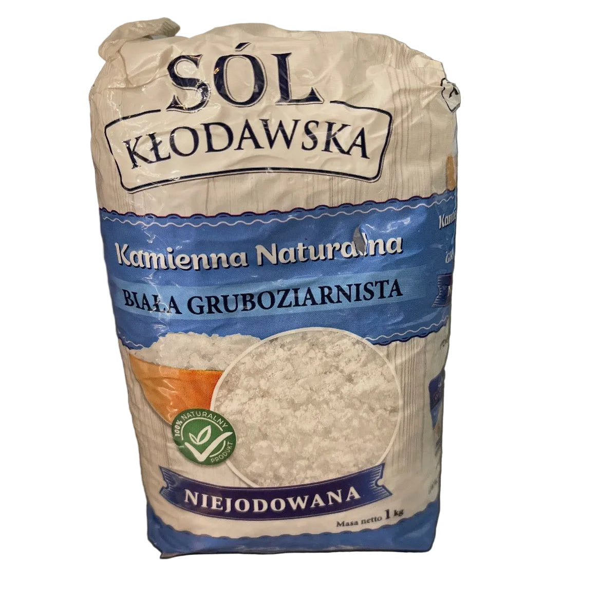Bag of Sól Kólodawska salt on a reflective surface