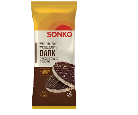 Sonko chocolate-coated rice cakes package on a white background