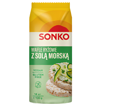 Sonko rice wafers packaging with text and images on a white background