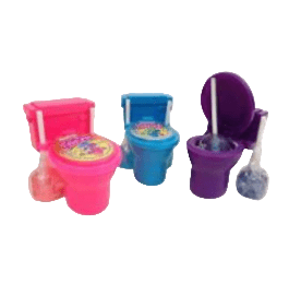 Set of colorful toy toilets and accessories on a white background