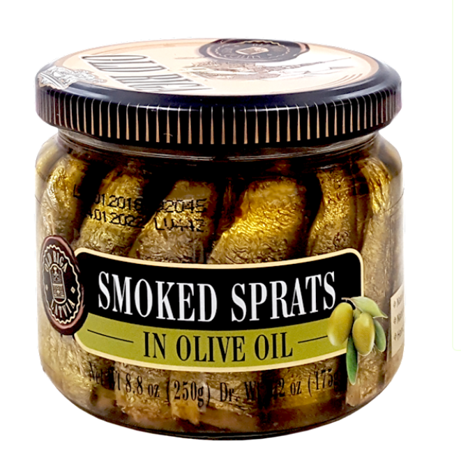 Jar of smoked sprats in olive oil with a visible label on a white background