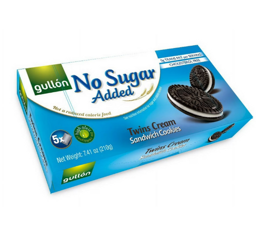 Box of Gullon No Sugar Added Twins Cream Sandwich Cookies on a white background
