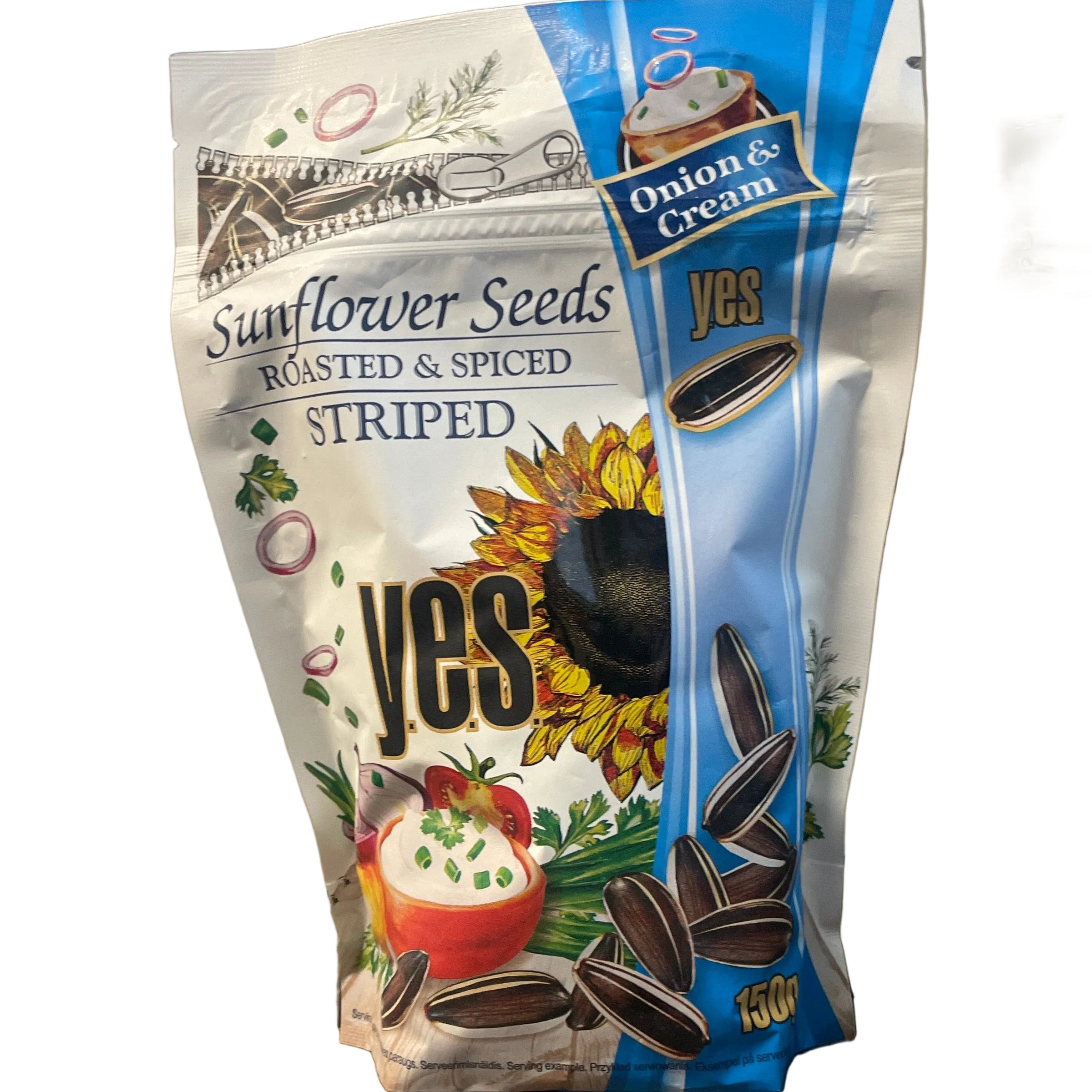 SUNFLOWER SEEDS ROASTED AND SPICED, ONION AND CREAM, STRIPED, 150G