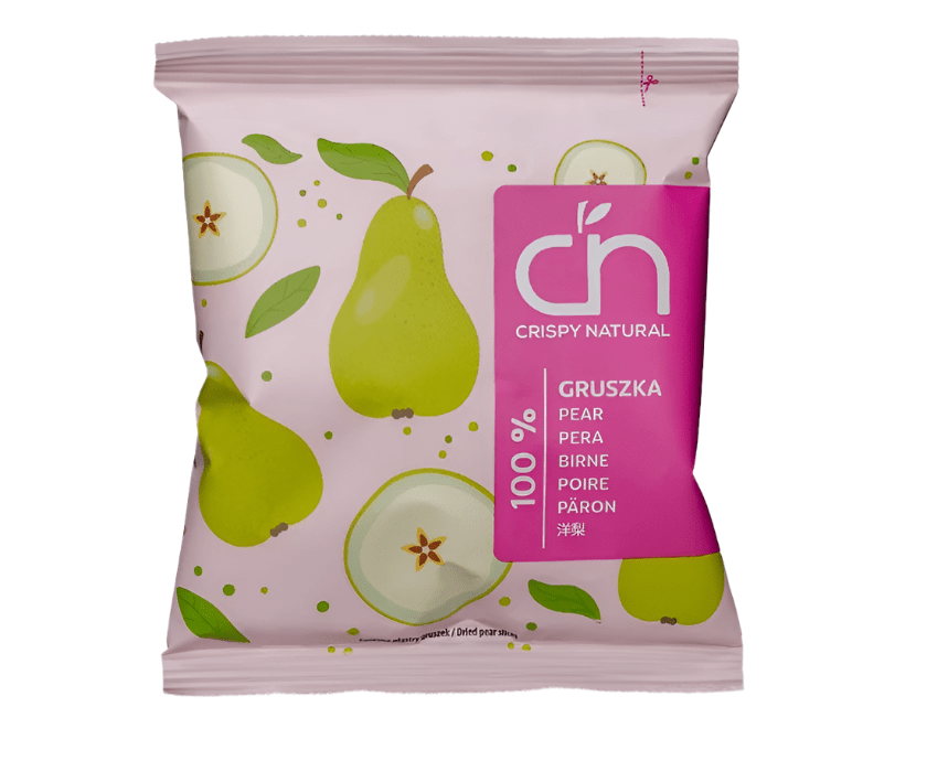 Packaged snack with pear illustrations and 'Crispy Natural' branding on a white background