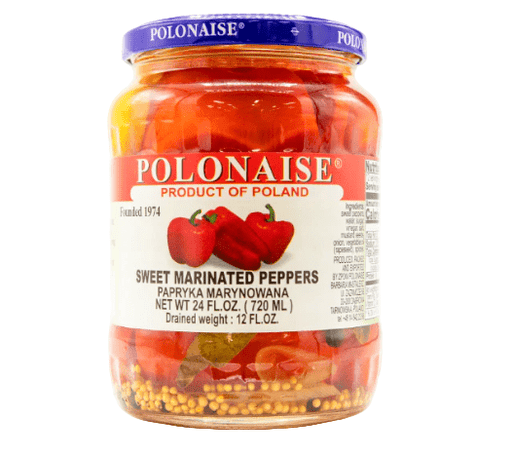 Jar of Polonaise sweet marinated peppers on a white background