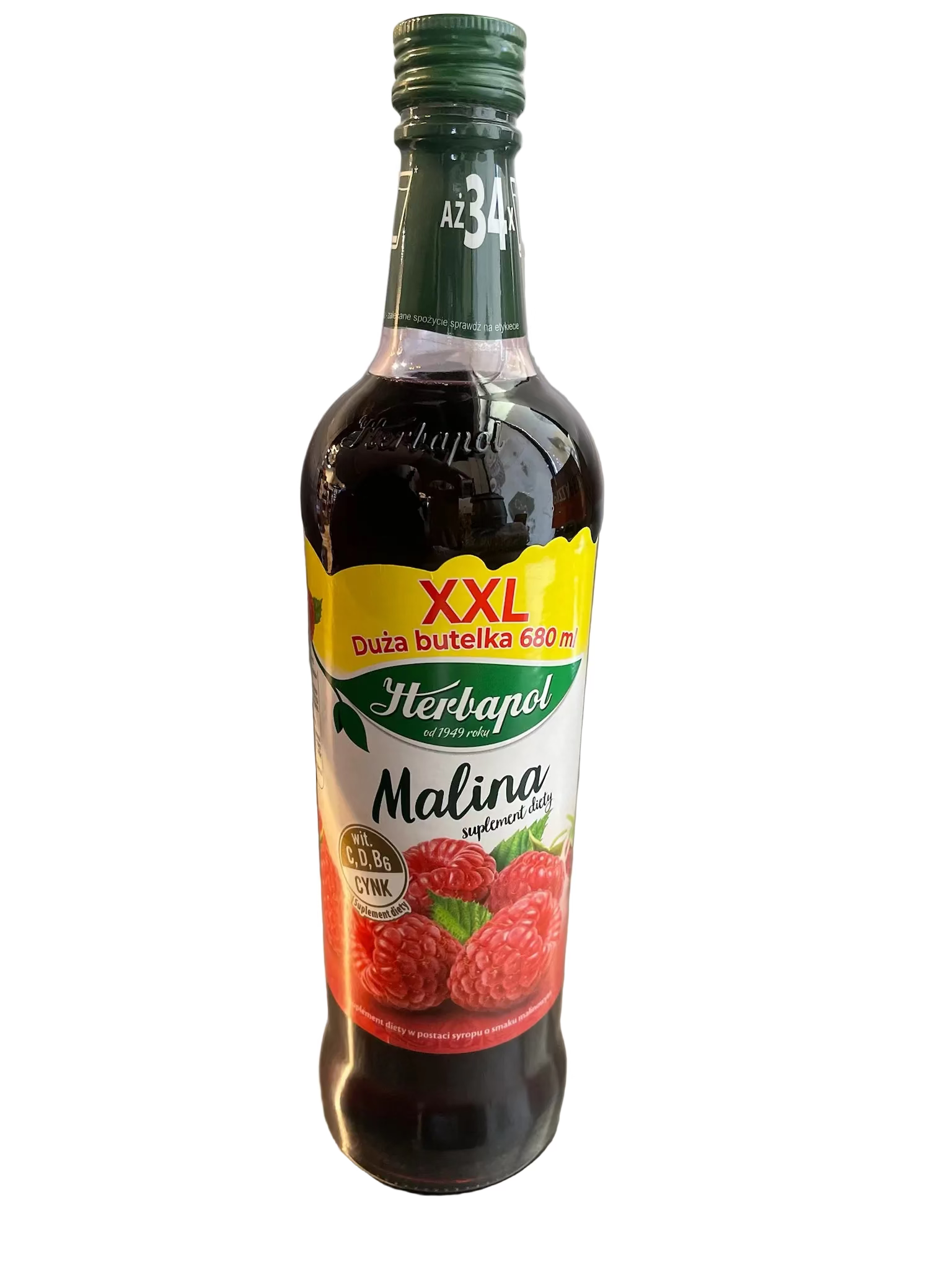 Bottle of Hertanol Malina syrup on a metallic surface