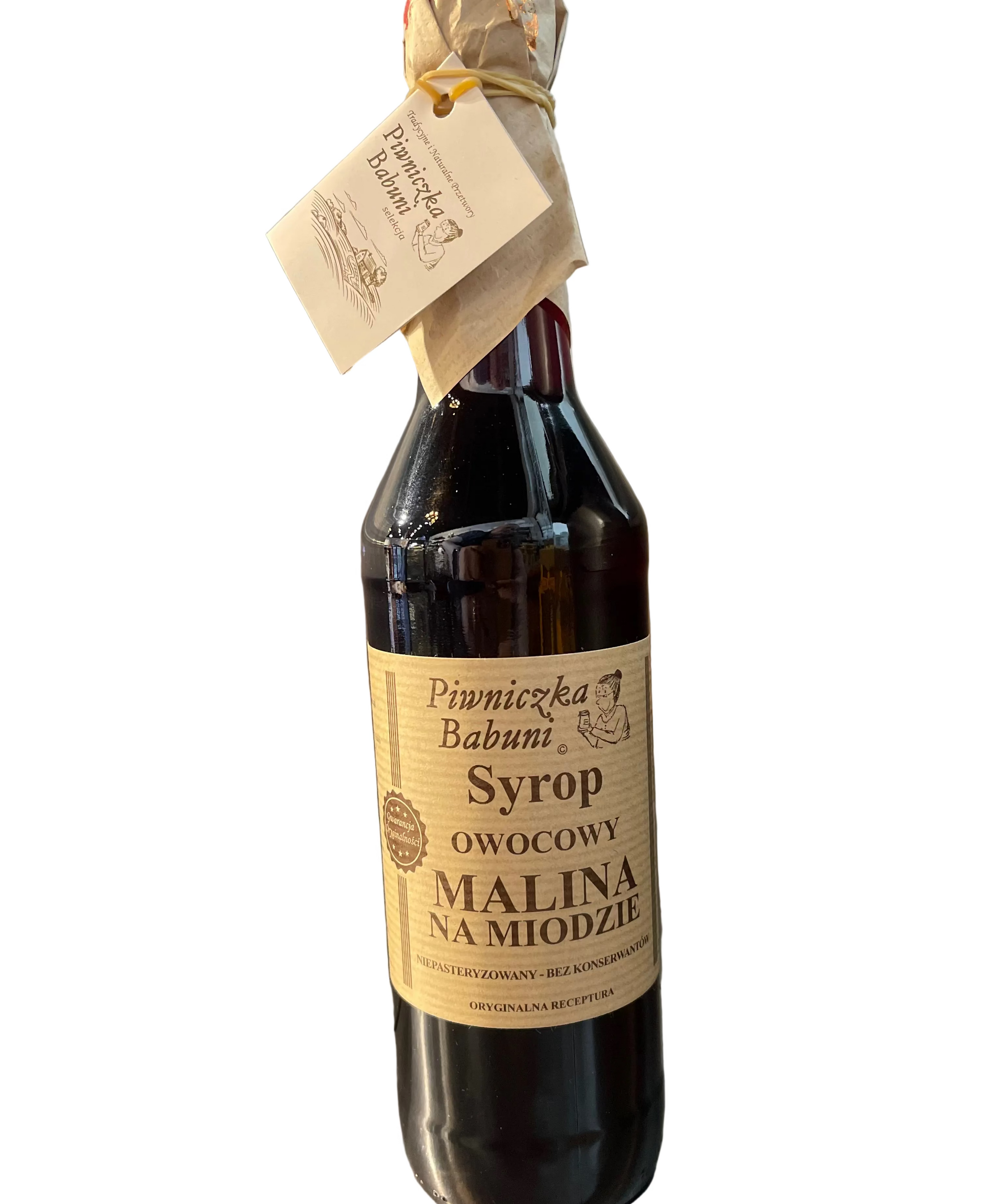 A dark glass bottle of wine syrup with a beige label reading 'Pimnicka Babuni Syrop Owocowy Malina na Miodzie' and a small hanging paper tag, photographed against a brushed metal background.