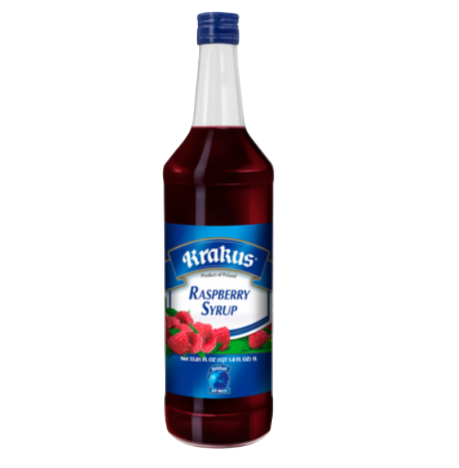Bottle of Kraus Raspberry Syrup on a white background