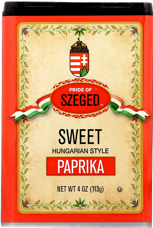 A package of SZEGED Spice Sweet Hungarian Style Paprika with a red background and floral decorations around the border.