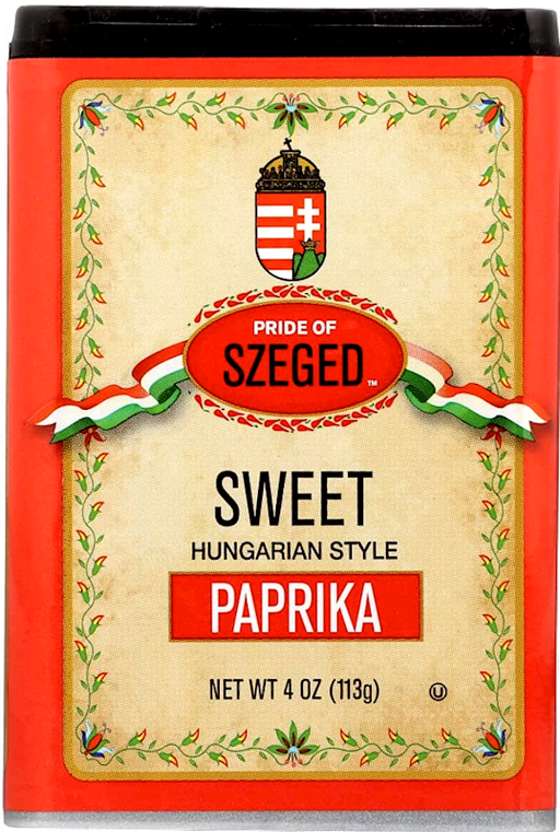 A package of SZEGED Spice Sweet Hungarian Style Paprika with a red background and floral decorations around the border.