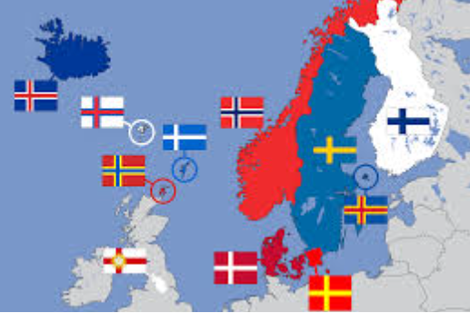 Map of Scandinavia with country flags overlayed on a blue background