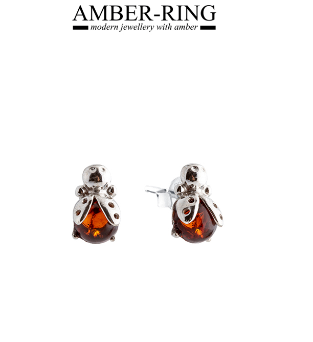 Sweet silver earrings with amber in the shape of Ladybug