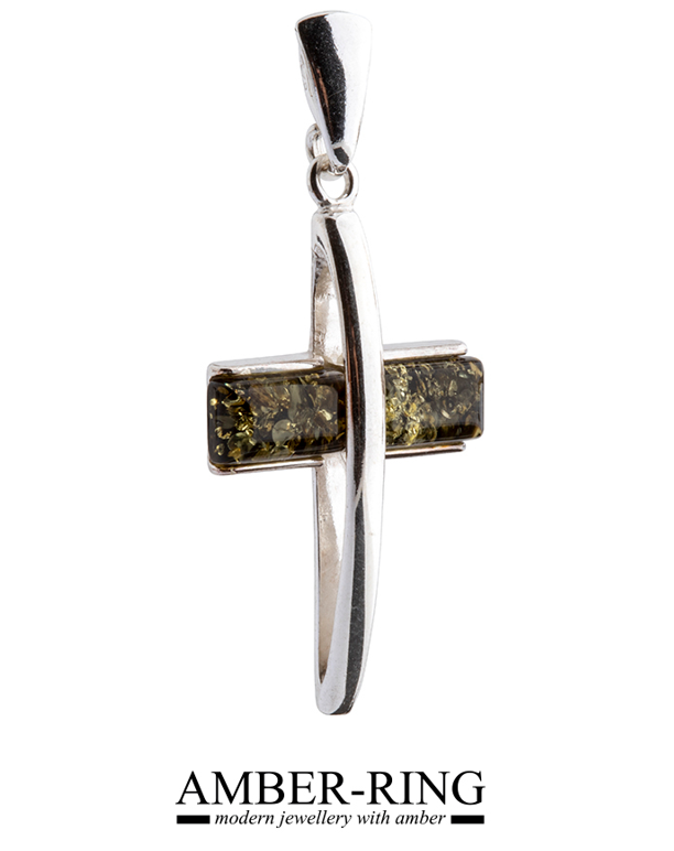 delicate silver and amber cross in green color