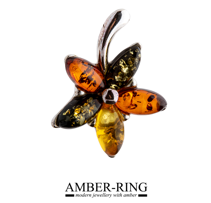 Colorful flower amber and silver pendant